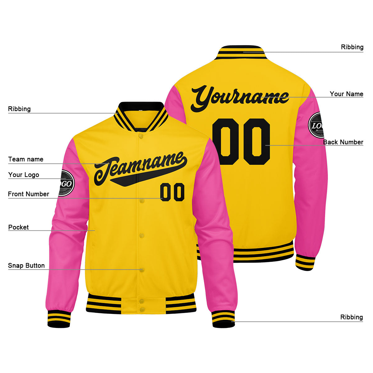 Chaqueta universitaria personalizada estilo Letterman para hombres-mujeres y jóvenes en color amarillo-rosa y negro