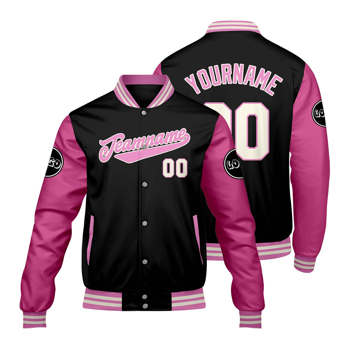 Chaquetas universitarias personalizadas en negro y rosa para hombres & mujeres y jóvenes & Chaquetas Letterman personalizadas