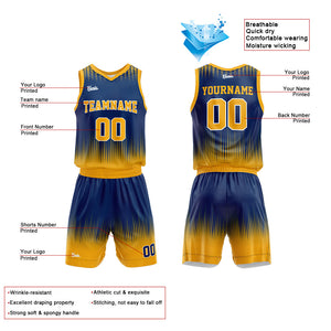 Uniforme de baloncesto personalizado azul marino y amarillo con tu logotipo-nombre y número impresos