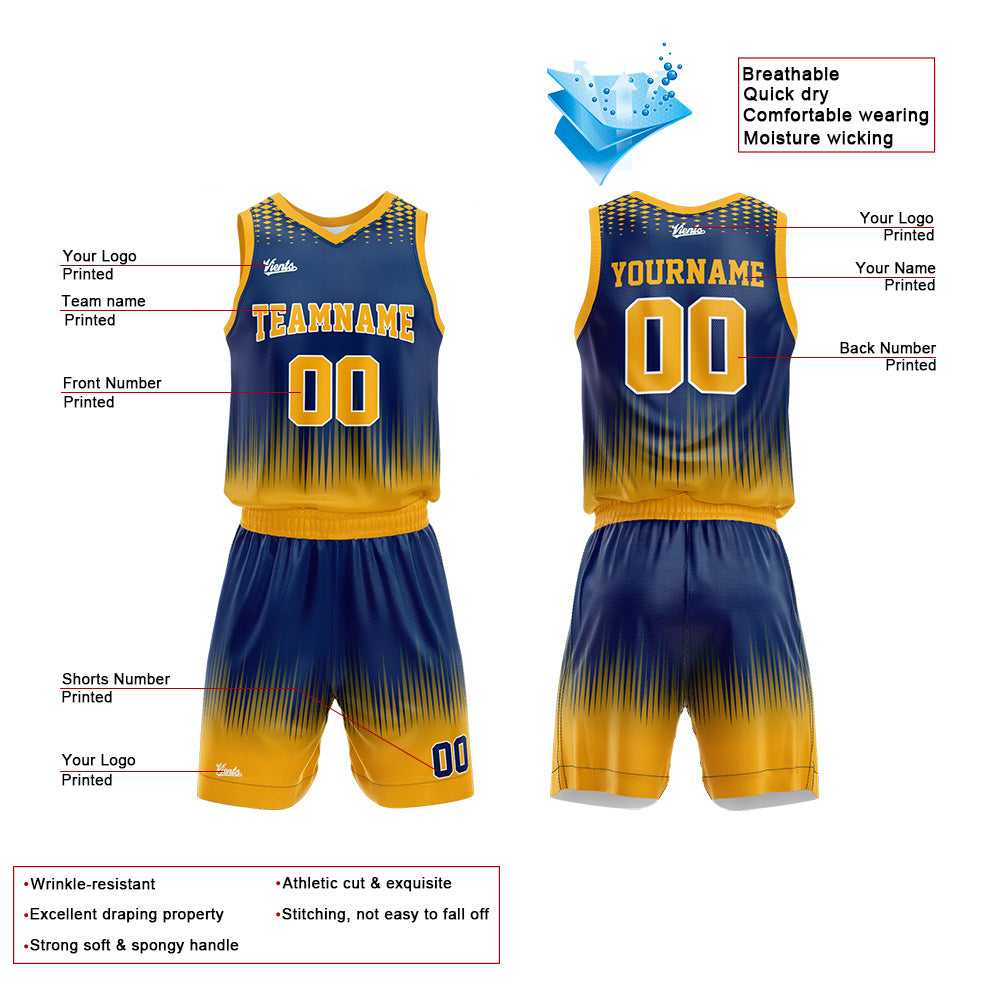 Uniforme de baloncesto personalizado azul marino y amarillo con tu logotipo-nombre y número impresos