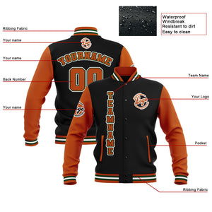 Chaquetas universitarias impermeables personalizadas en negro-naranja y verde con nombre-número y logotipo bordados
