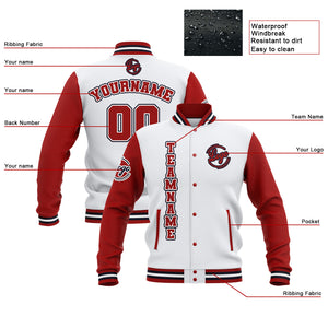 Chaquetas universitarias impermeables personalizadas en blanco-rojo y azul marino con nombre-número y logotipo bordados
