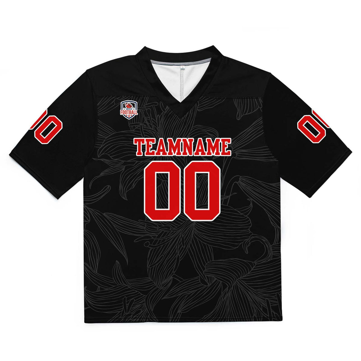 Camiseta de fútbol personalizada con nombre y número del equipo impresos y bordados-color negro y rojo