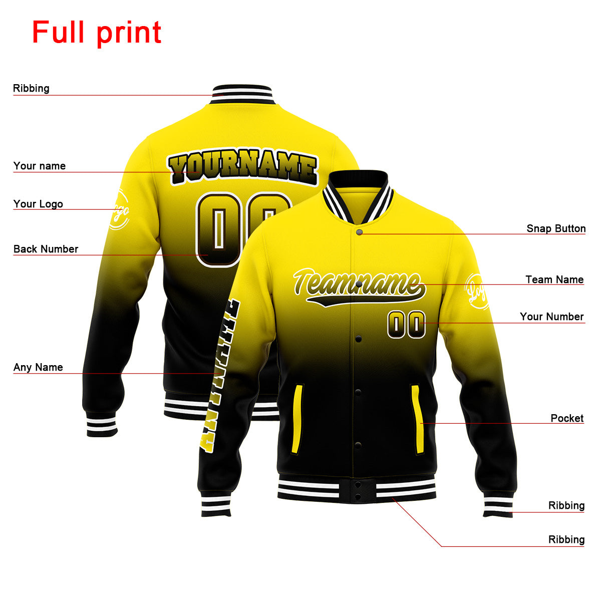 Chaqueta universitaria personalizada estilo Letterman para hombres-mujeres y jóvenes-color amarillo y negro
