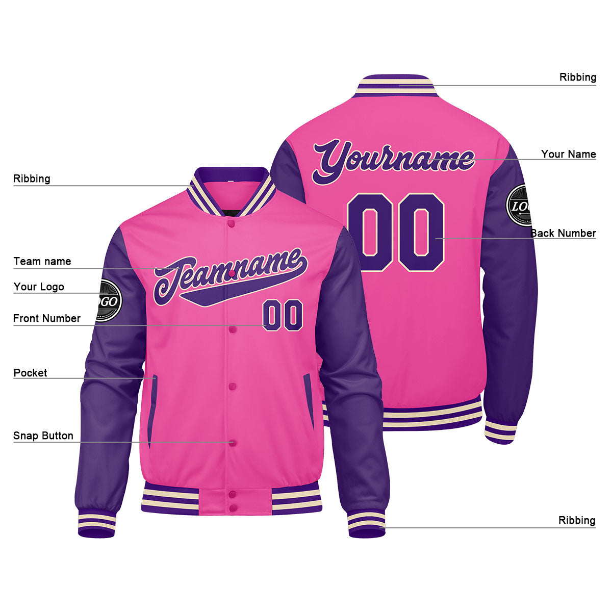 Chaqueta universitaria personalizada estilo Letterman para hombres-mujeres y jóvenes-color rosa y morado