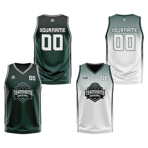 Traje de baloncesto reversible personalizado en verde oliva-blanco y negro para adultos y niños