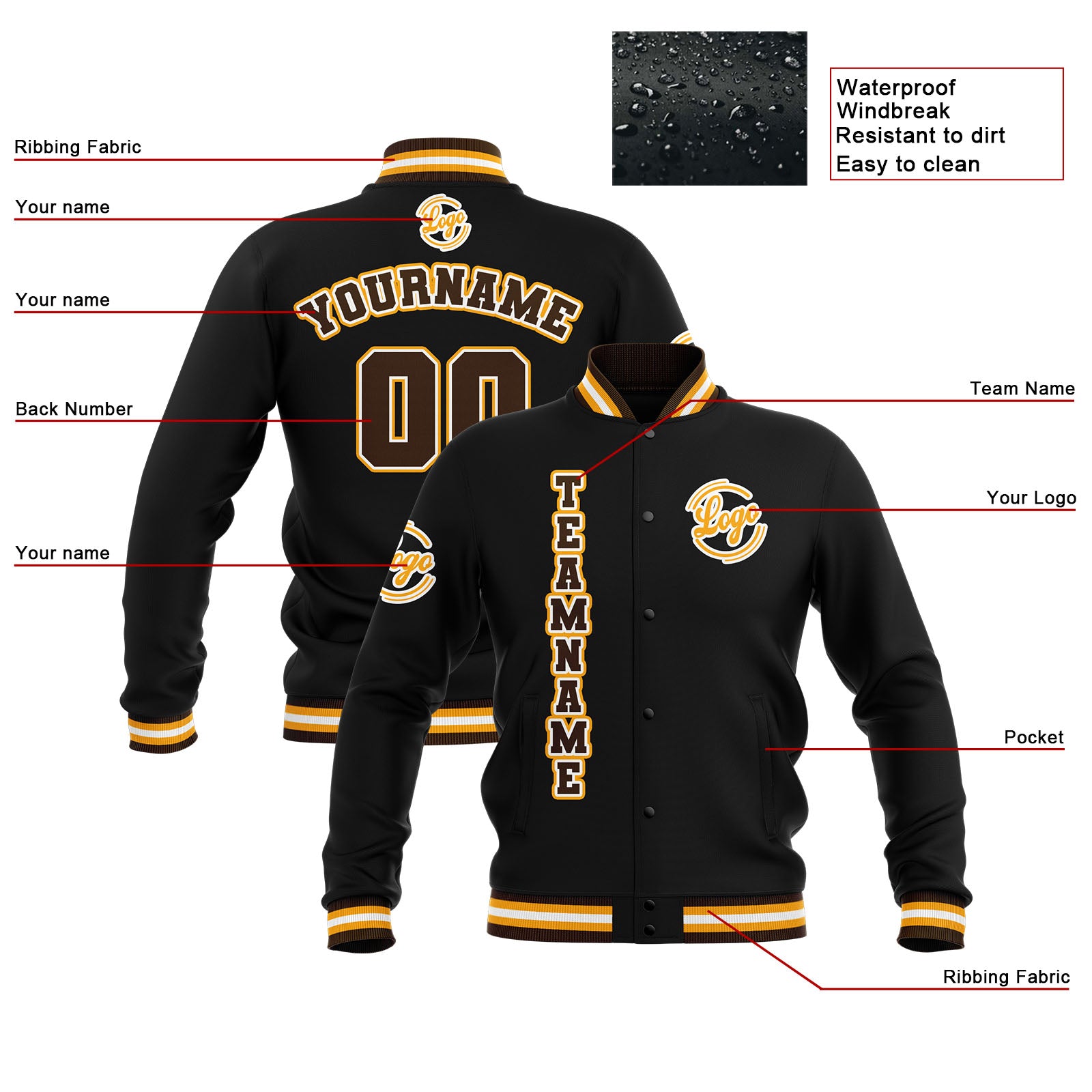 Chaquetas universitarias impermeables personalizadas en negro-marrón y amarillo con nombre-número y logotipo bordados
