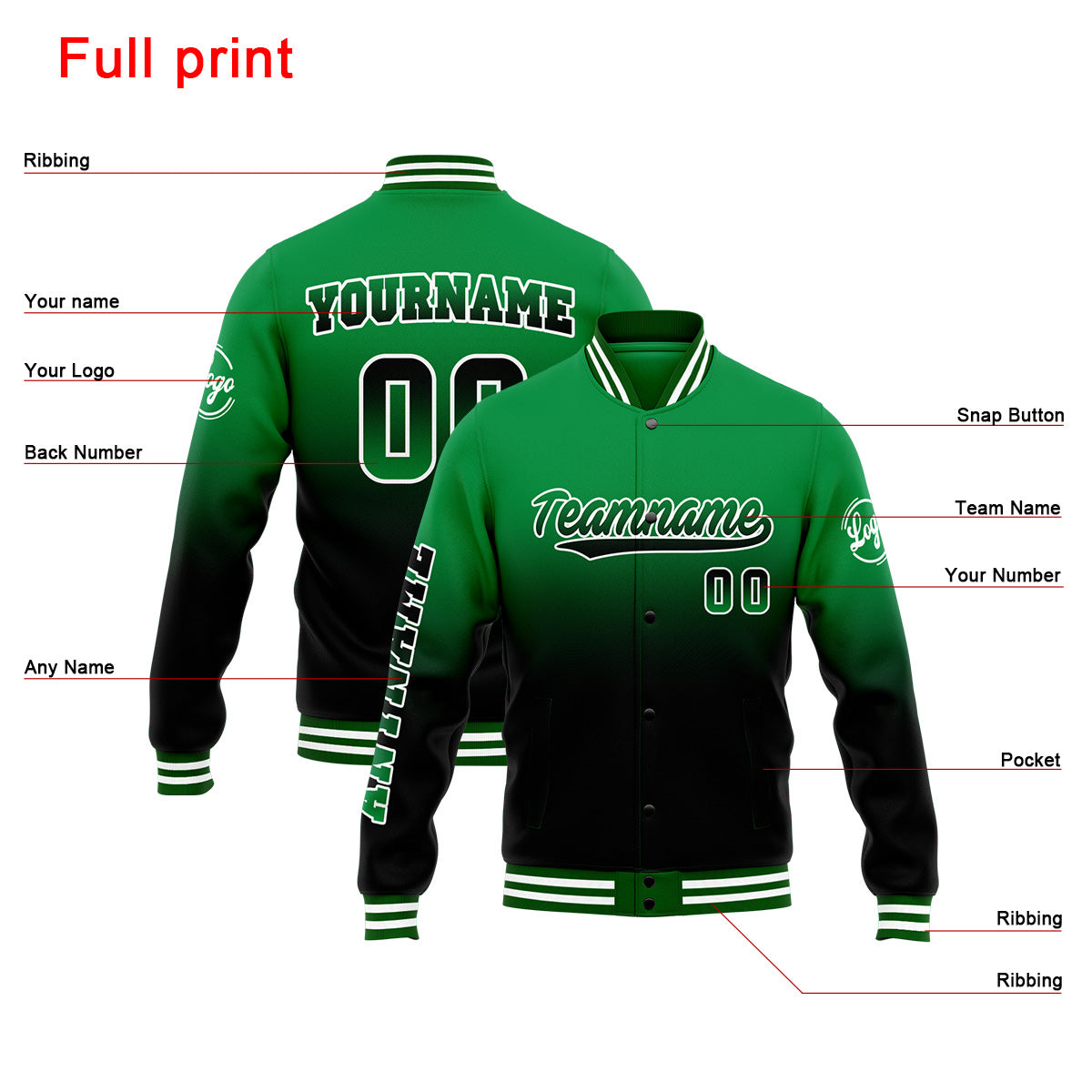 Chaqueta universitaria personalizada estilo Letterman para hombres-mujeres y jóvenes-color verde y negro