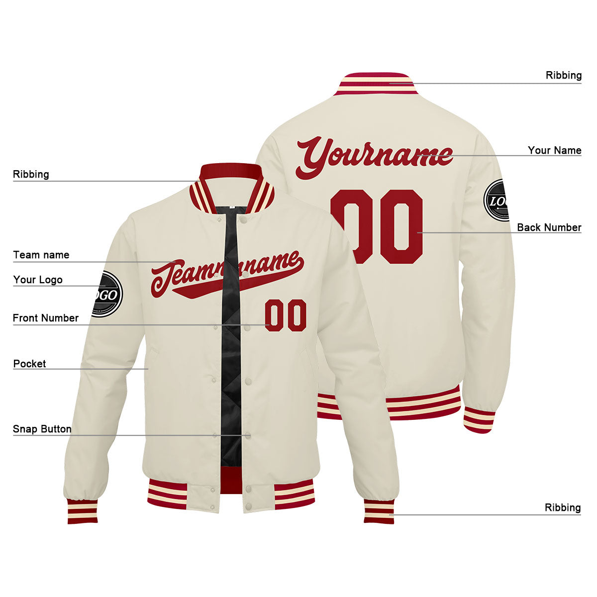 Chaqueta universitaria personalizada estilo Letterman para hombres-mujeres y jóvenes-color rojo crema