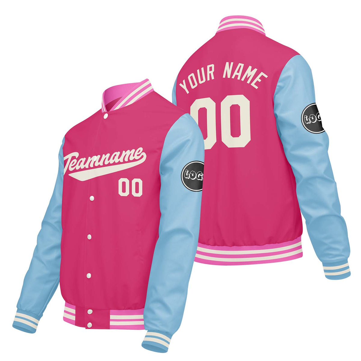 Chaquetas universitarias personalizadas en rosa y azul claro para hombres & mujeres y jóvenes & Chaquetas Letterman personalizadas