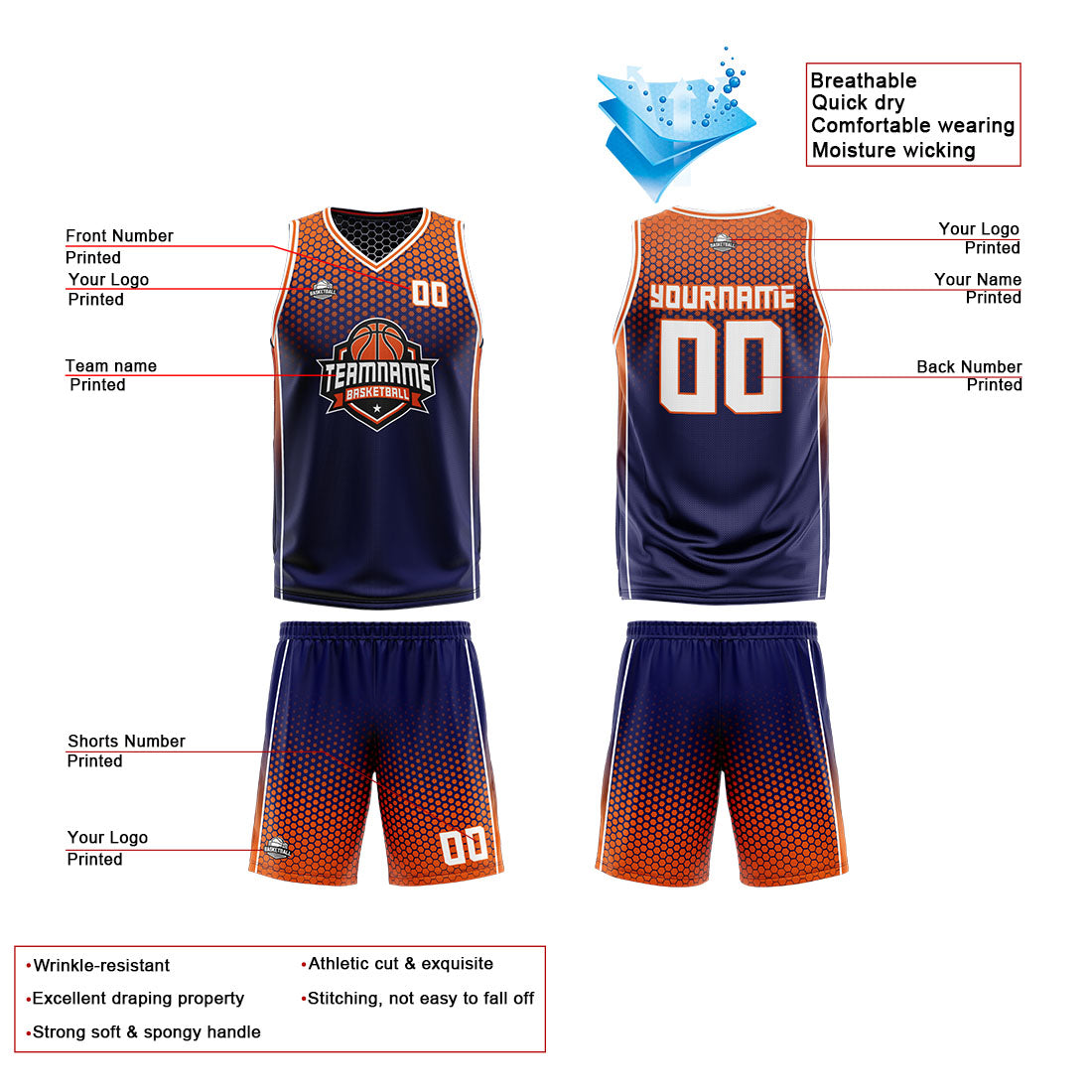 Traje de baloncesto reversible personalizado azul marino-naranja y blanco para adultos y niños