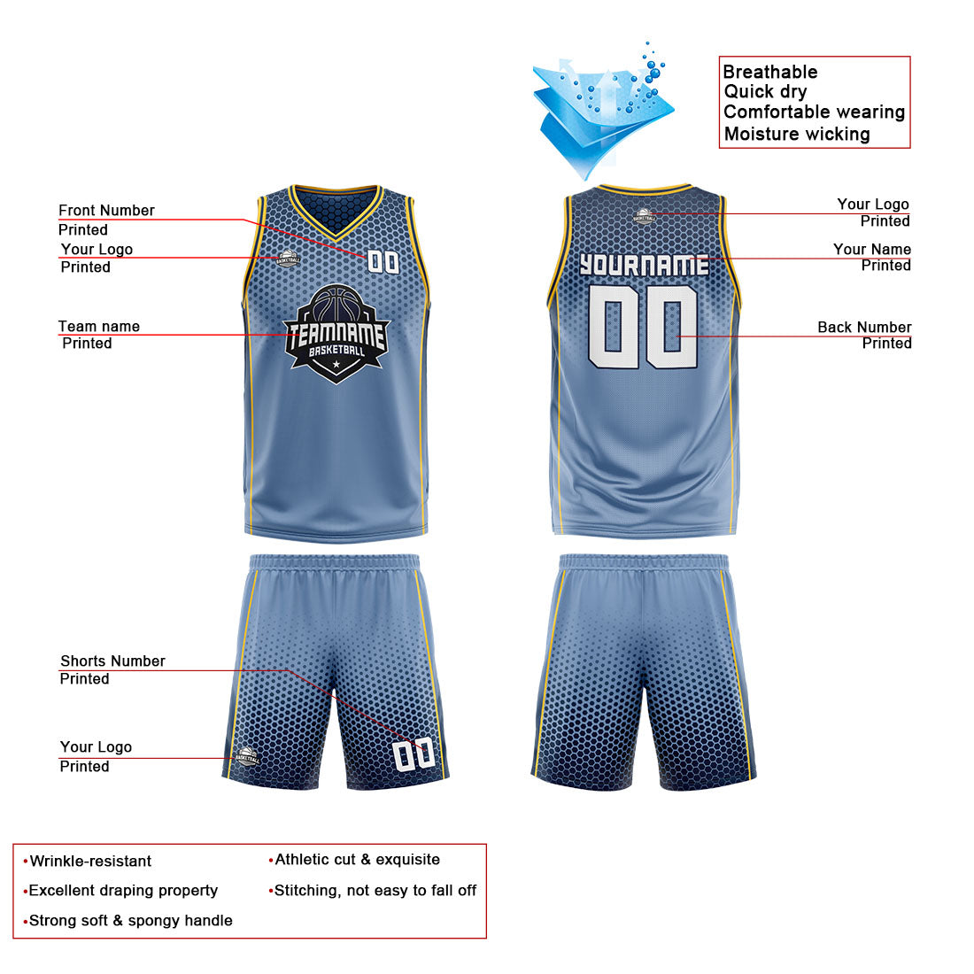 Traje de baloncesto reversible personalizado en azul marino y amarillo para adultos y niños