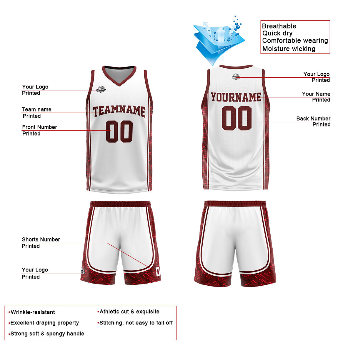 Uniforme de baloncesto personalizado blanco y rojo oscuro con tu logotipo-nombre y número impresos