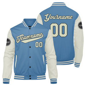 Chaqueta universitaria personalizada estilo Letterman para hombres-mujeres y jóvenes-color azul claro y crema