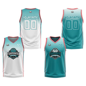 Traje de baloncesto reversible blanco-cian y rojo personalizado para adultos y niños