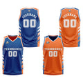 Traje de baloncesto reversible azul-naranja y blanco personalizado para adultos y niños