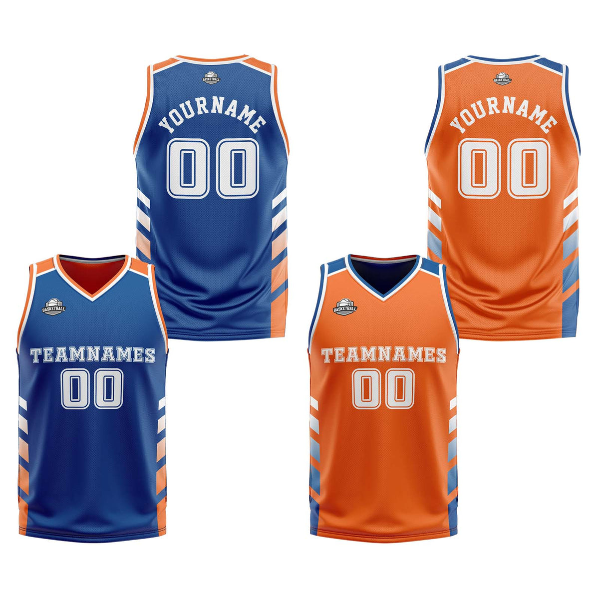 Traje de baloncesto reversible azul-naranja y blanco personalizado para adultos y niños