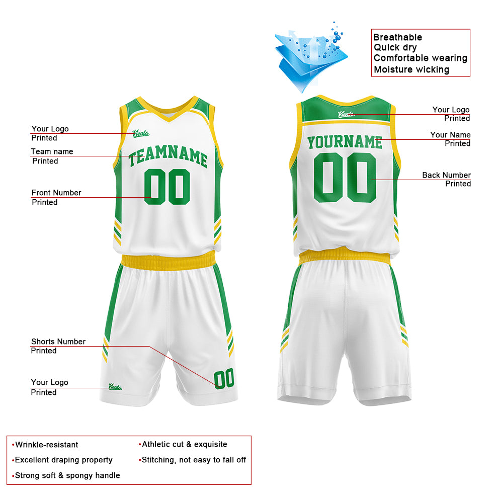Uniforme de baloncesto personalizado blanco-verde y amarillo con tu logotipo-nombre y número impresos
