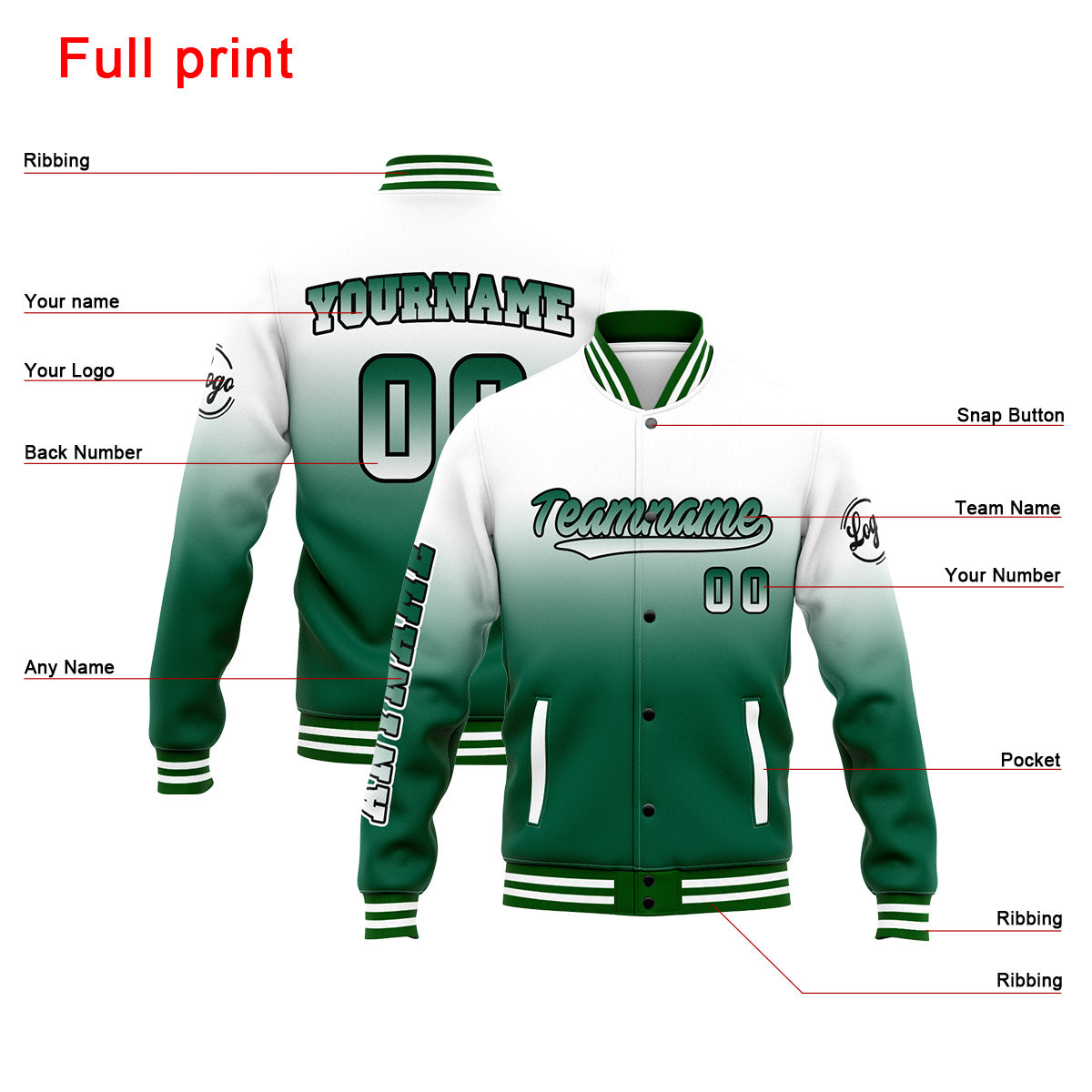 Chaqueta universitaria personalizada estilo Letterman para hombres-mujeres y jóvenes-color blanco y verde