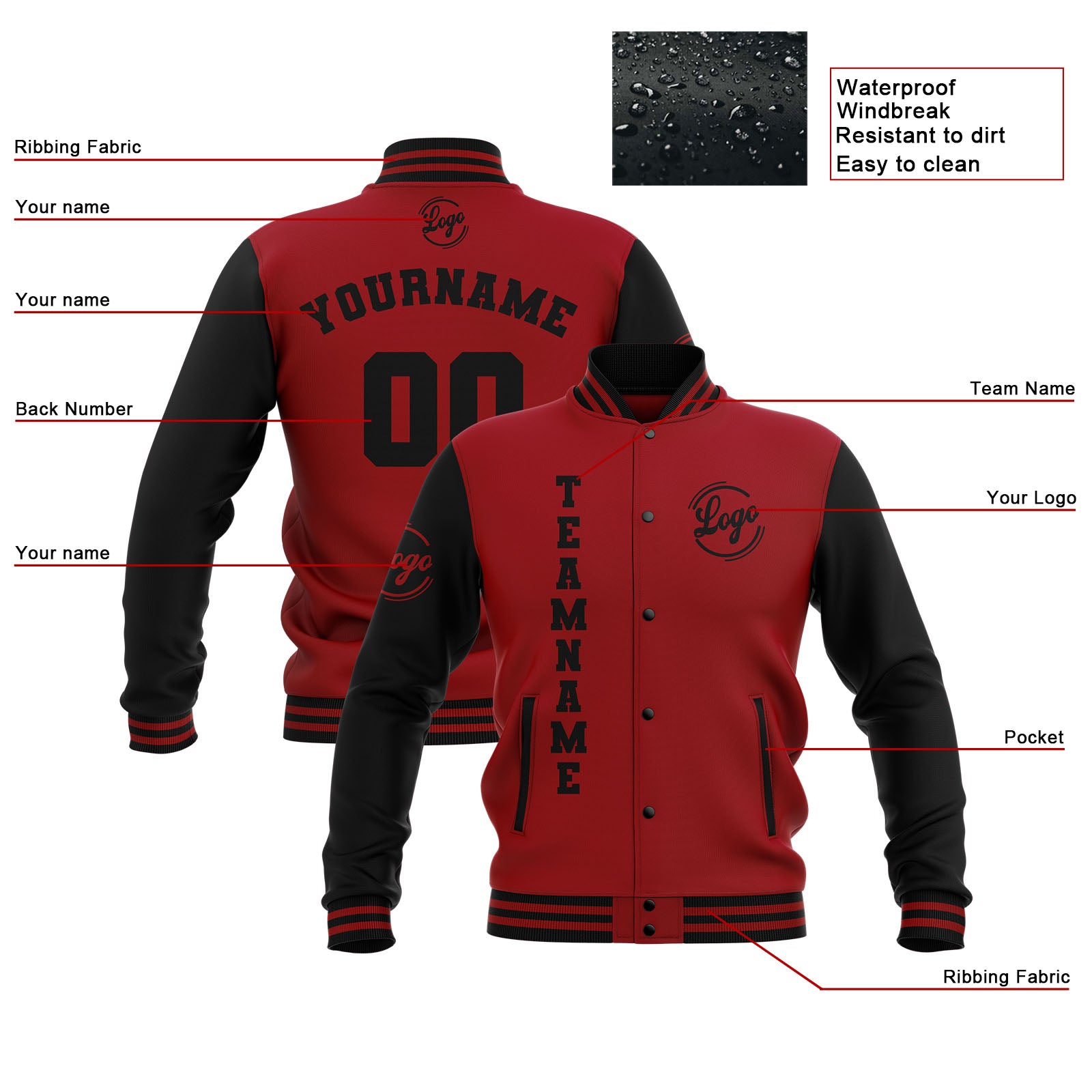 Chaquetas universitarias impermeables negras y rojas personalizadas con nombre-número y logotipo bordados a medida