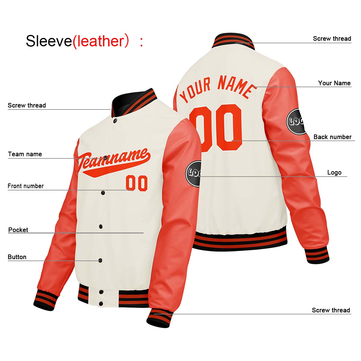 Chaquetas universitarias personalizadas color crema & blanco y naranja para hombres & mujeres y jóvenes & Chaquetas Letterman personalizadas
