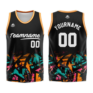 Uniforme de baloncesto personalizado en negro-naranja y verde con tu logotipo-nombre y número impresos