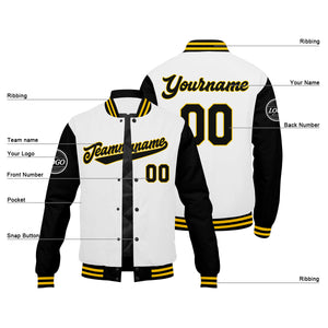 Chaqueta universitaria personalizada estilo Letterman para hombres-mujeres y jóvenes en colores negro-blanco y amarillo