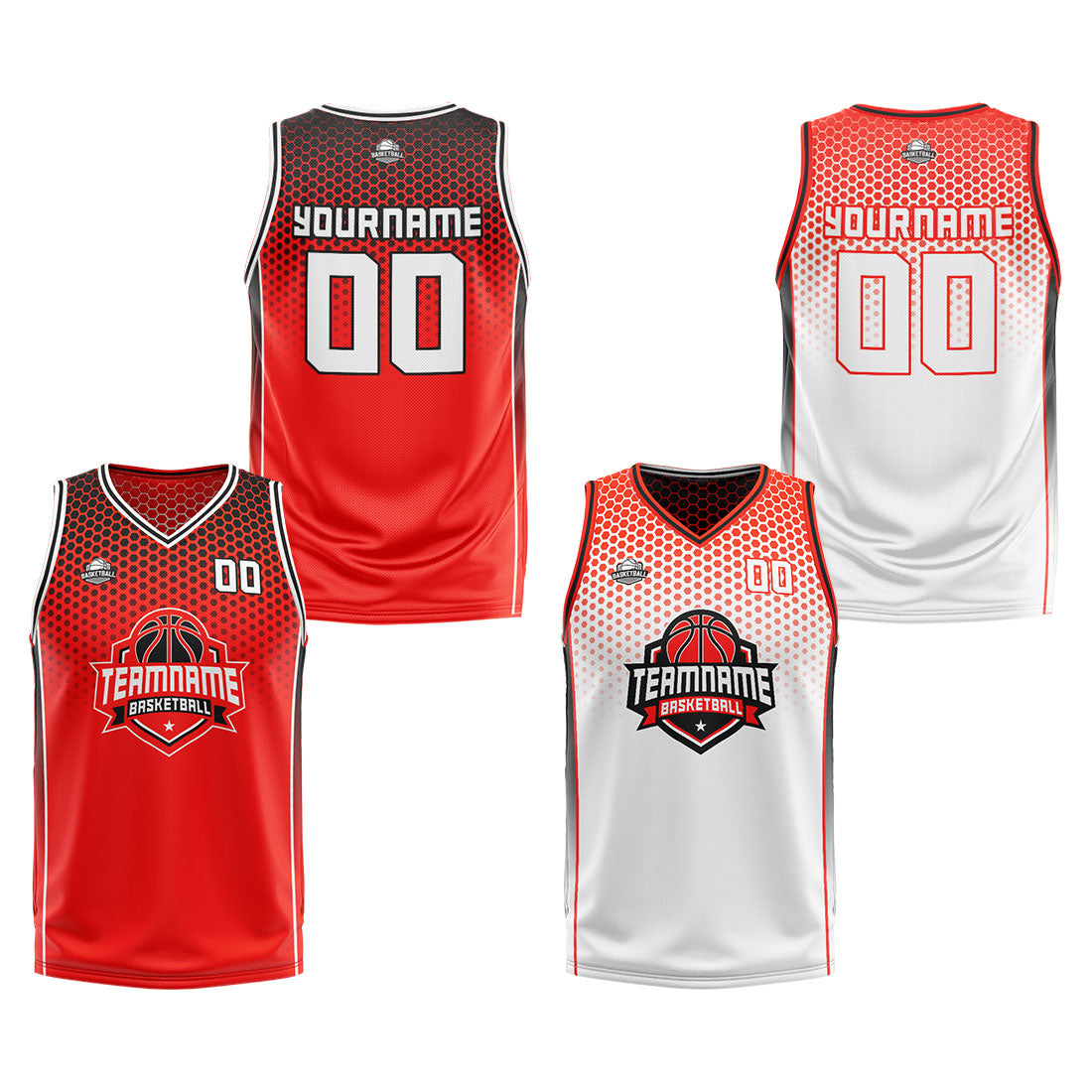 Traje de baloncesto reversible rojo-negro y blanco personalizado para adultos y niños