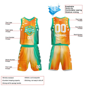 Uniforme de baloncesto personalizado de color naranja y verde arcoíris con tu logotipo-nombre y número impresos