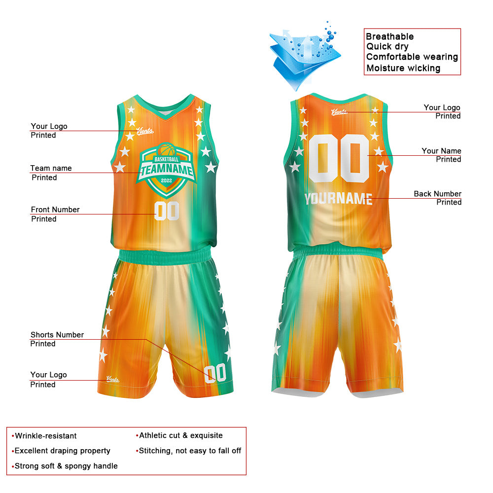 Uniforme de baloncesto personalizado de color naranja y verde arcoíris con tu logotipo-nombre y número impresos