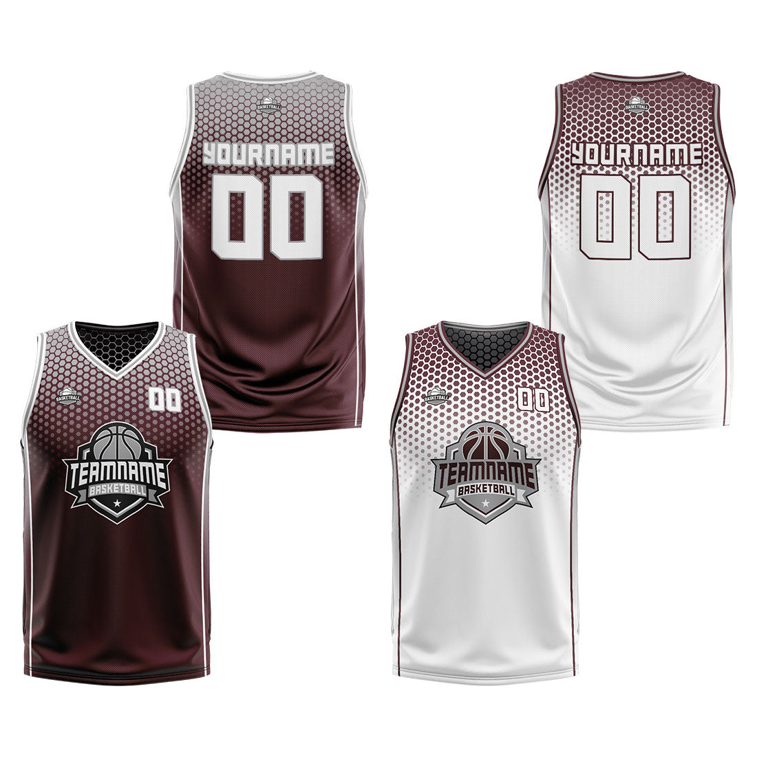 Traje de baloncesto reversible personalizado en burdeos-gris y blanco para adultos y niños