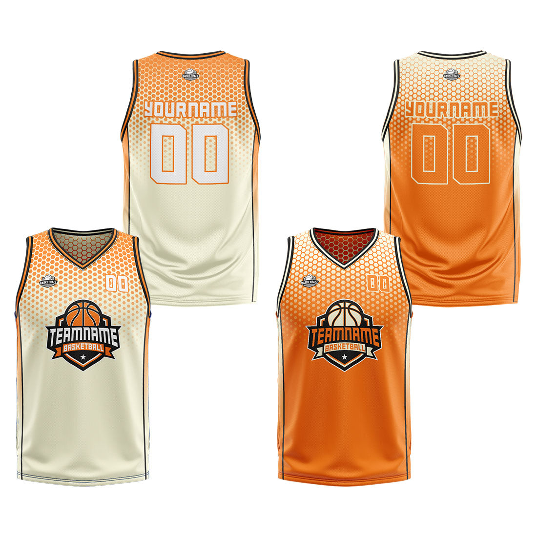 Traje de baloncesto reversible personalizado en crema-naranja y negro para adultos y niños
