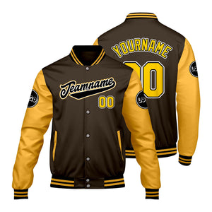Chaquetas universitarias personalizadas en color marrón y amarillo para hombres & mujeres y jóvenes & Chaquetas tipo Letterman personalizadas
