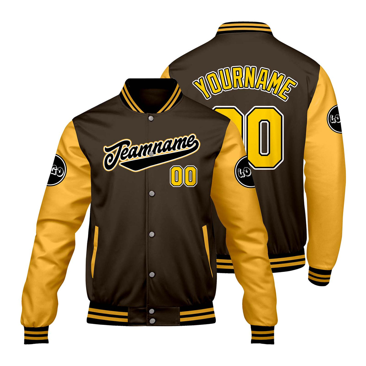 Chaquetas universitarias personalizadas en color marrón y amarillo para hombres & mujeres y jóvenes & Chaquetas tipo Letterman personalizadas