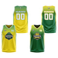 Traje de baloncesto reversible amarillo y verde personalizado para adultos y niños