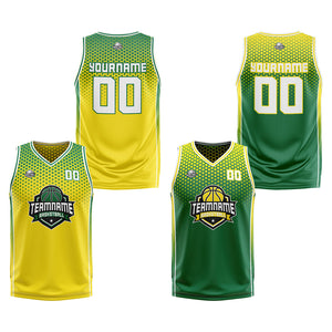 Traje de baloncesto reversible amarillo y verde personalizado para adultos y niños