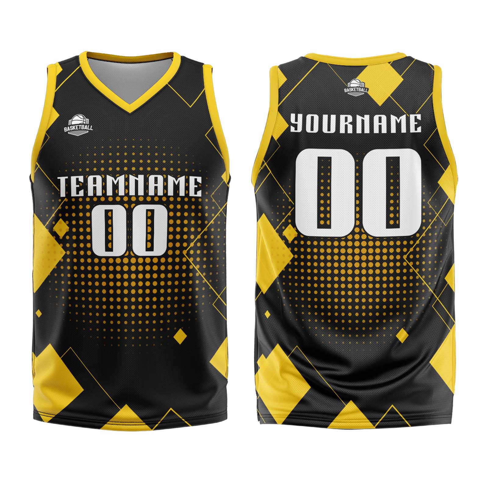 Uniforme de baloncesto amarillo con diseño geométrico personalizado-estampado con tu logotipo-nombre y número