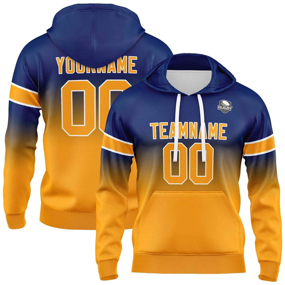 Sudadera con capucha personalizada con degradado para hombre-mujer-niña o niño Estampa tu logotipo-nombre o número Azul marino y naranja