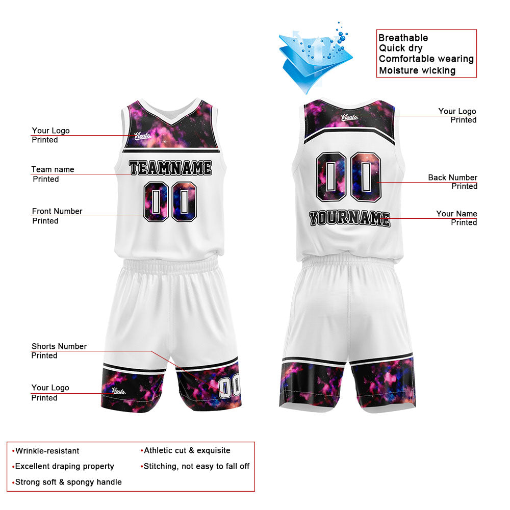 Uniforme de baloncesto personalizado con estampado de cielo estrellado blanco y logotipo impreso con tu nombre y número