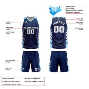 Traje de baloncesto reversible personalizado azul marino-blanco y azul claro para adultos y niños