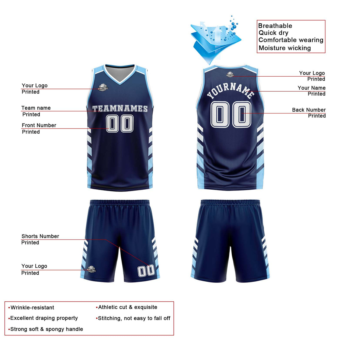 Traje de baloncesto reversible personalizado azul marino-blanco y azul claro para adultos y niños