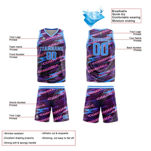 Uniforme de baloncesto personalizado rosa y azul con tu logotipo-nombre y número impresos