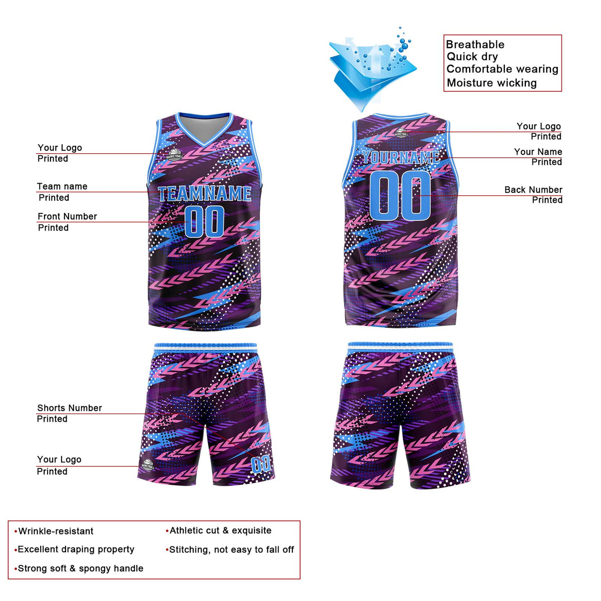 Uniforme de baloncesto personalizado rosa y azul con tu logotipo-nombre y número impresos