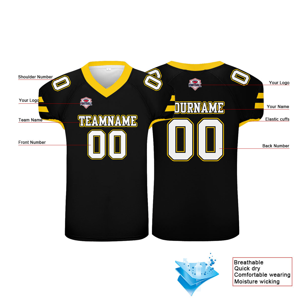 Camiseta de fútbol personalizada con nombre y número del equipo impresos en color negro