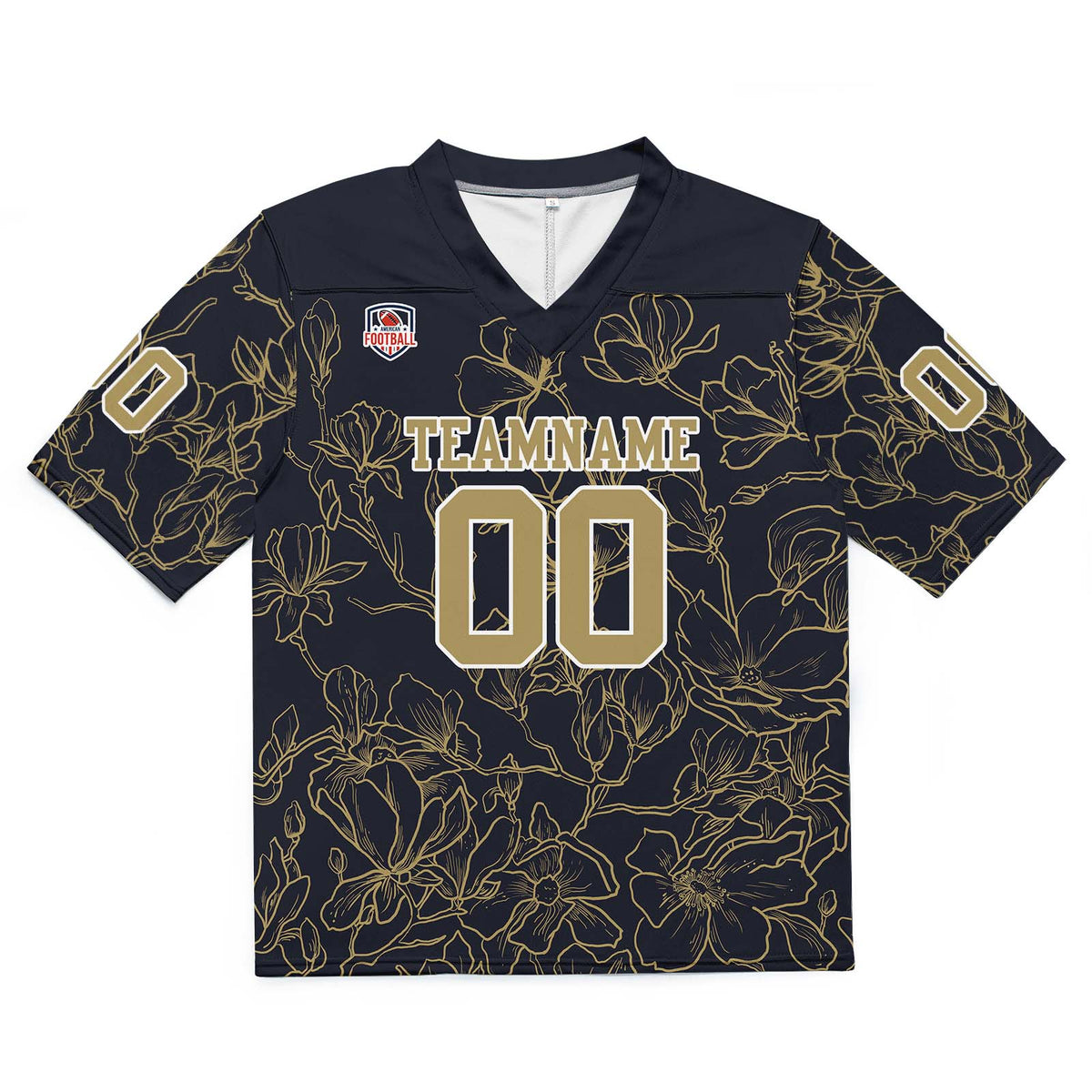 Camiseta de fútbol personalizada con nombre y número del equipo bordados-color negro y dorado