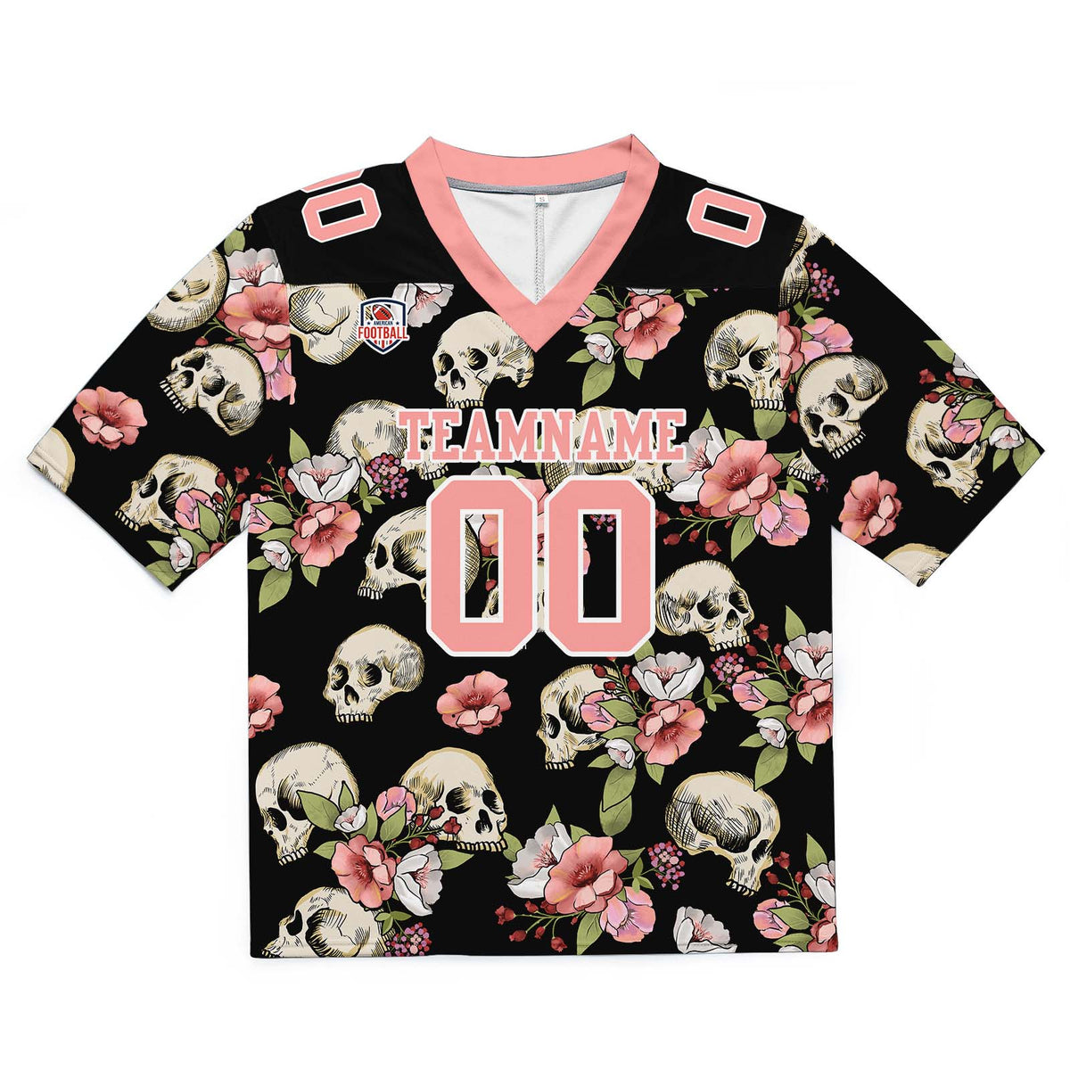 Camiseta de fútbol personalizada con nombre y número del equipo bordados y estampados en color rosa calavera