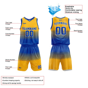 Uniforme de baloncesto personalizado azul y amarillo con tu logotipo-nombre y número impresos