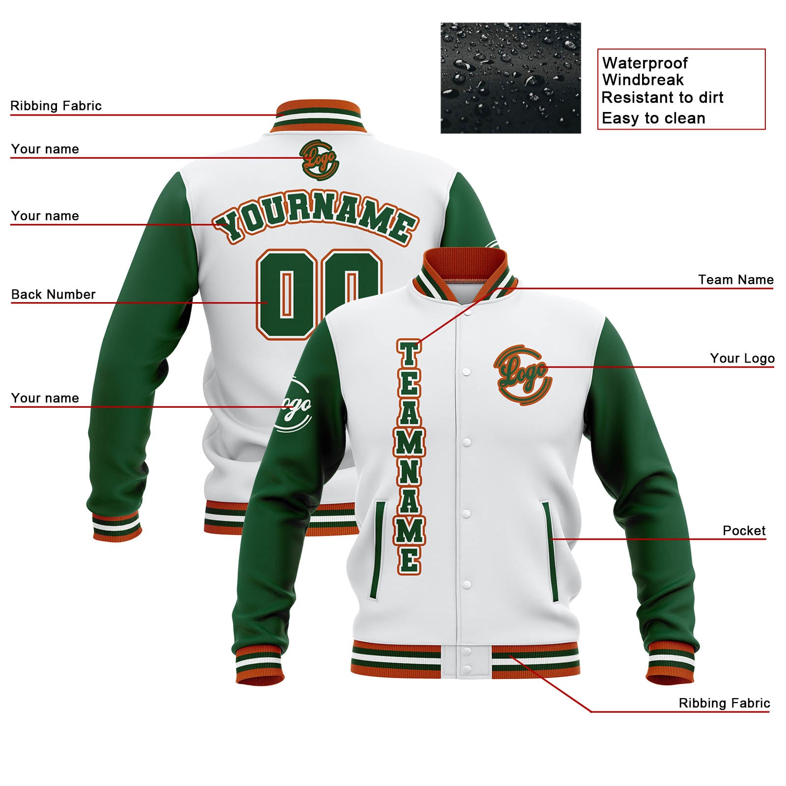 Chaquetas universitarias impermeables personalizadas en blanco-verde y naranja con nombre-número y logotipo bordados