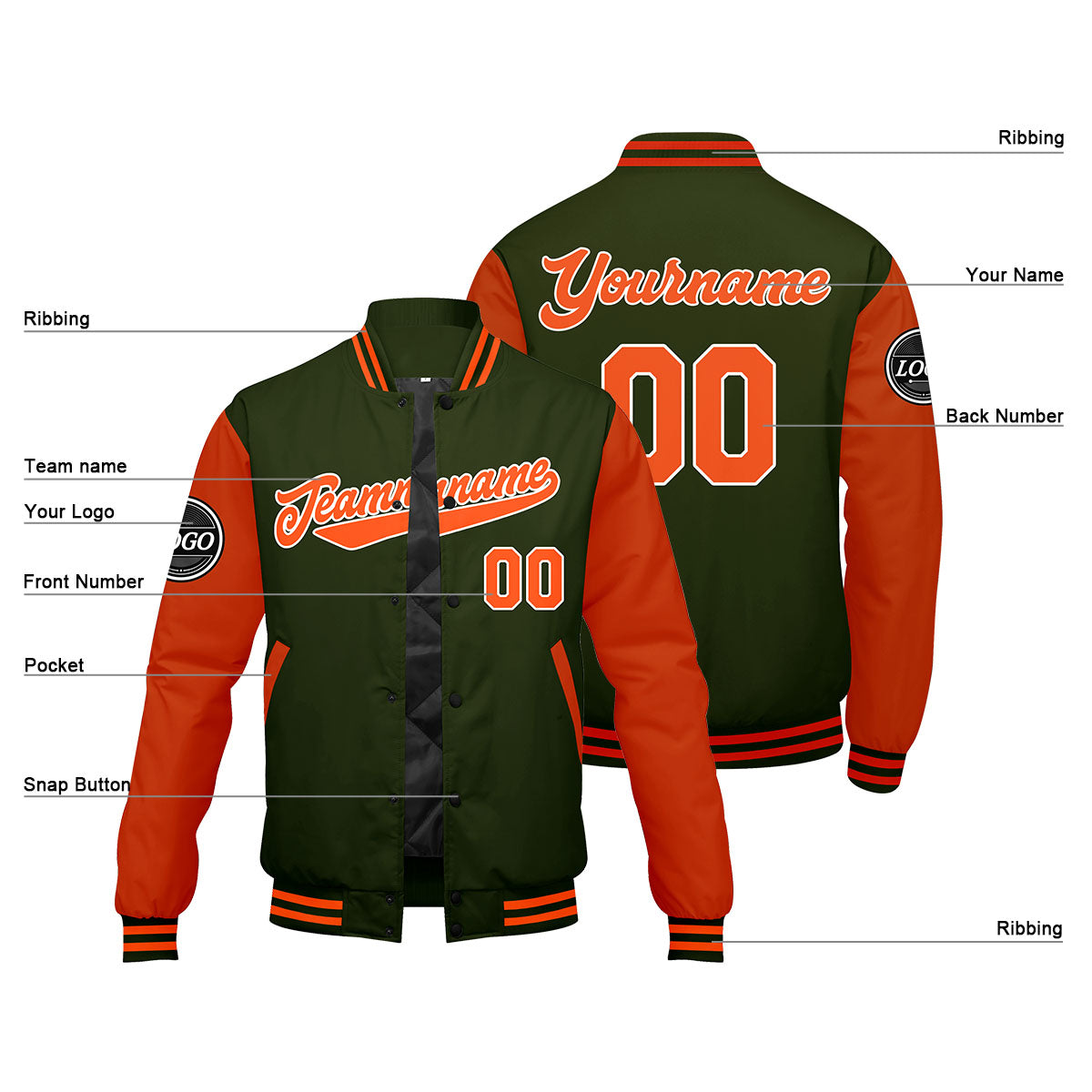 Chaqueta universitaria personalizada estilo Letterman para hombres-mujeres y jóvenes-color verde oliva y naranja