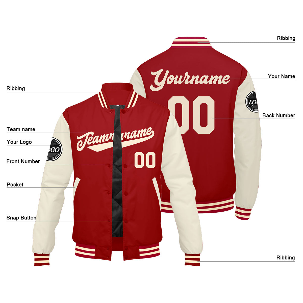 Chaqueta universitaria personalizada estilo Letterman para hombres-mujeres y jóvenes-color rojo crema